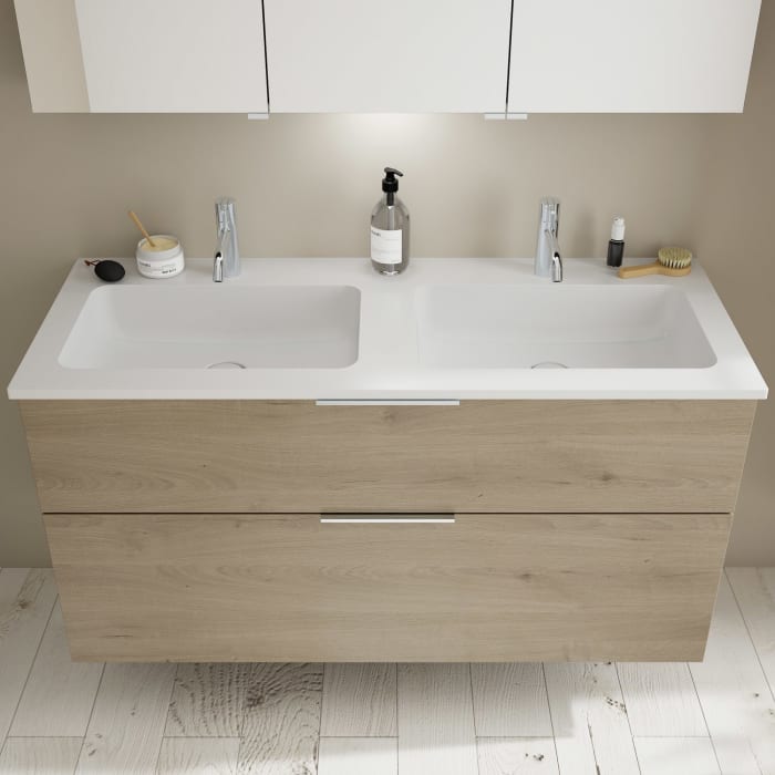 burgbad Eqio Waschtischkombination mit Mineralguss-Doppelwaschtisch, 122 cm, mit Griff G0146