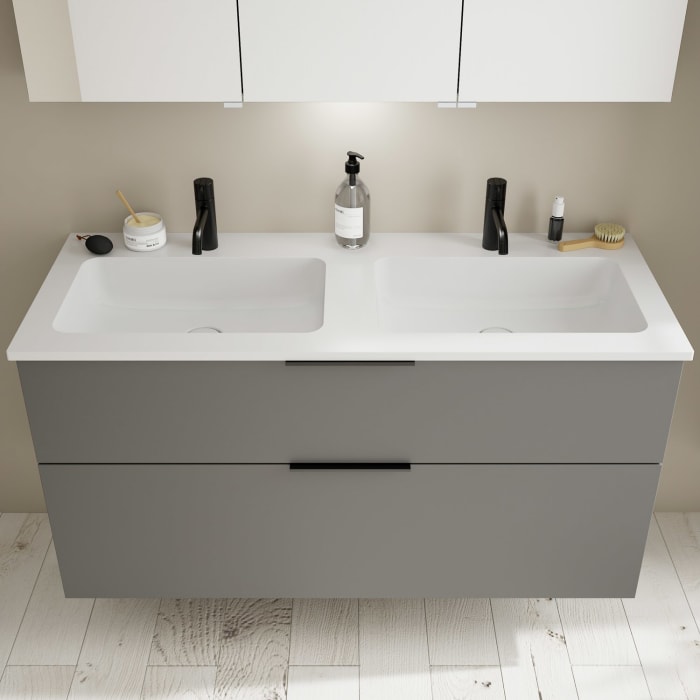 burgbad Eqio Waschtischkombination mit Mineralguss-Doppelwaschtisch, 122 cm, mit Griff G0200