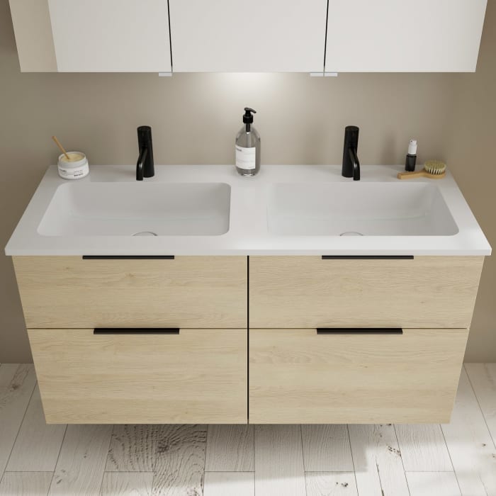 burgbad Eqio Waschtischkombination mit Mineralguss-Doppelwaschtisch, 122 cm, mit Griff G0200