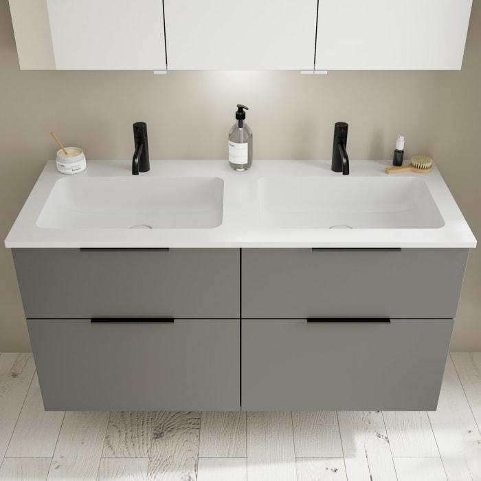 burgbad Eqio Waschtischkombination mit Mineralguss-Doppelwaschtisch, 122 cm, mit Griff G0200