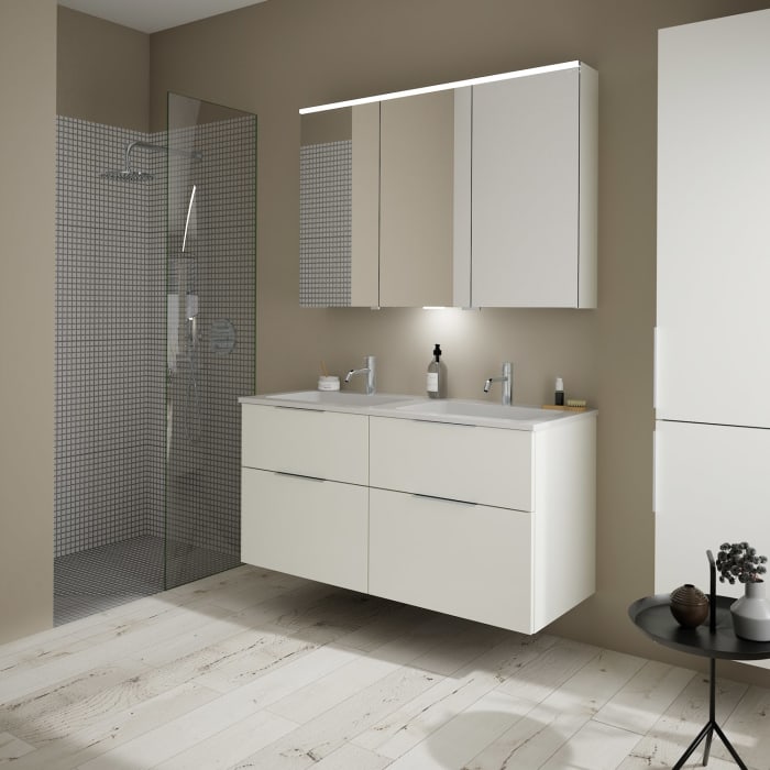 burgbad Eqio Waschtischkombination mit Mineralguss-Doppelwaschtisch, 122 cm, mit Griff G0146