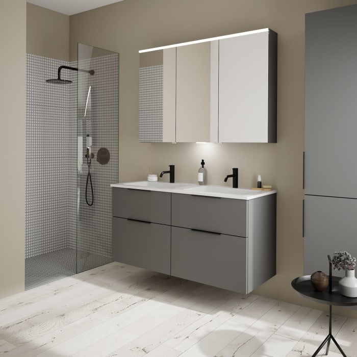 burgbad Eqio Waschtischkombination mit Mineralguss-Doppelwaschtisch, 122 cm, mit Griff G0200