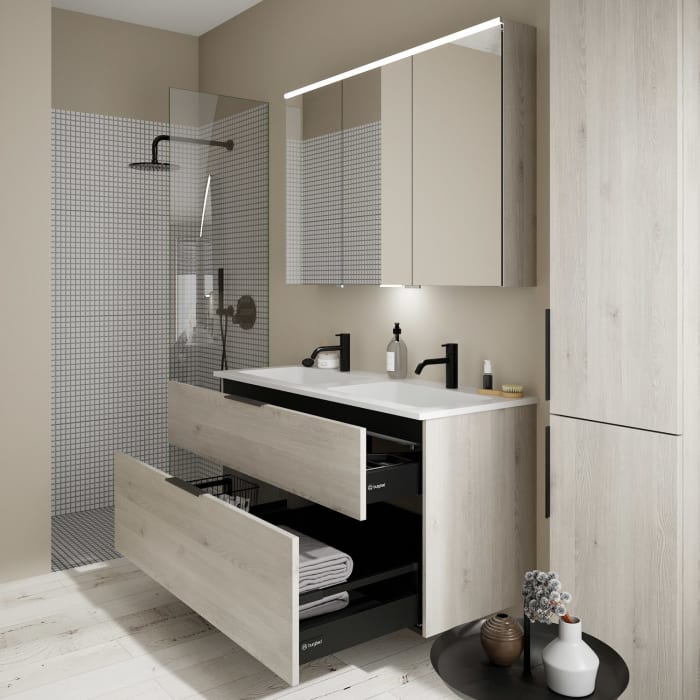 burgbad Eqio Waschtischkombination mit Mineralguss-Doppelwaschtisch, 122 cm, mit Griff G0200