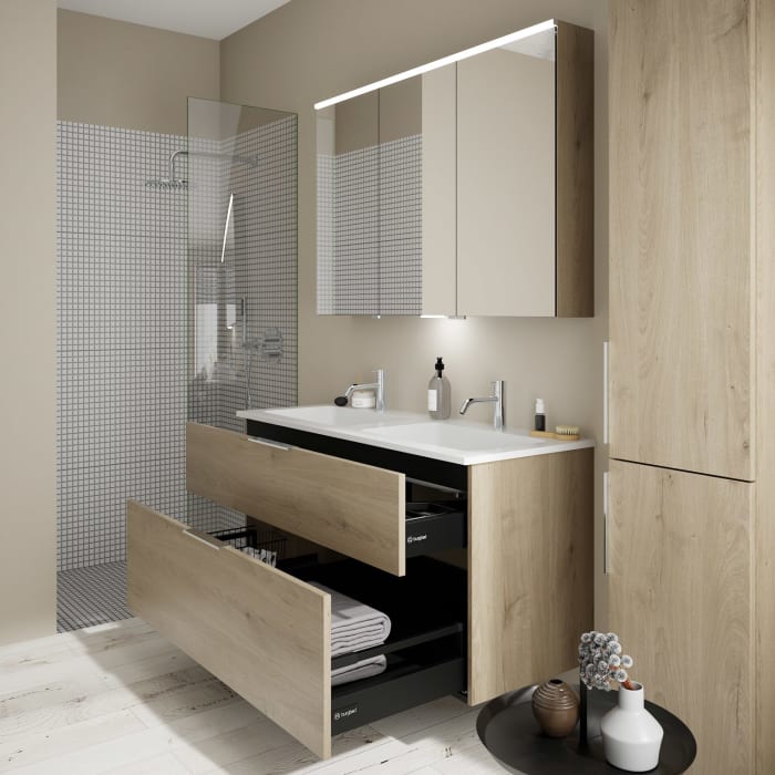 burgbad Eqio Waschtischkombination mit Mineralguss-Doppelwaschtisch, 122 cm, mit Griff G0146