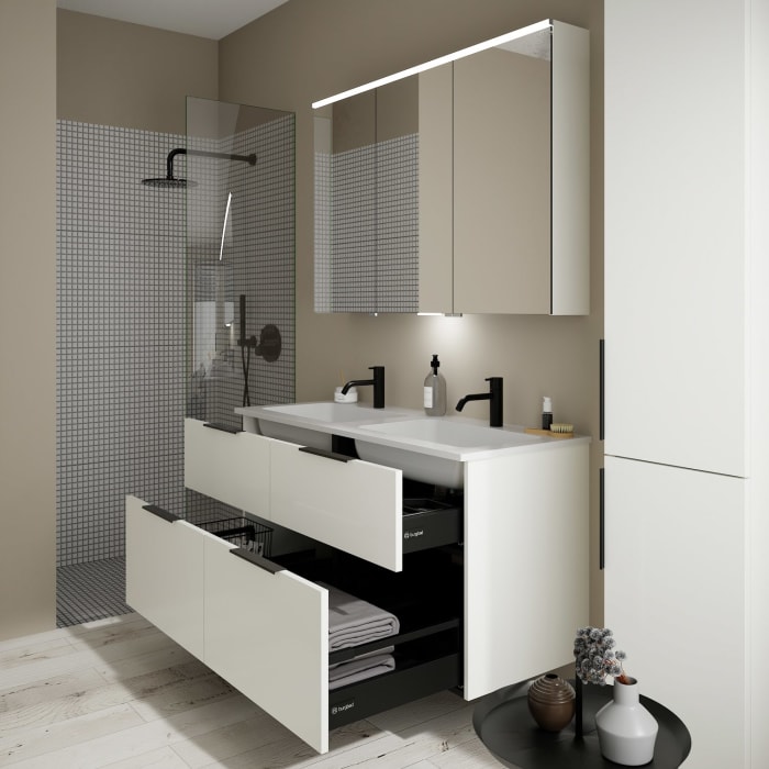 burgbad Eqio Waschtischkombination mit Mineralguss-Doppelwaschtisch, 122 cm, mit Griff G0200