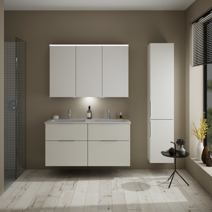 burgbad Eqio Waschtischkombination mit Mineralguss-Doppelwaschtisch, 122 cm, mit Griff G0146