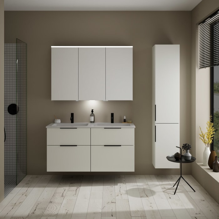 burgbad Eqio Waschtischkombination mit Mineralguss-Doppelwaschtisch, 122 cm, mit Griff G0200