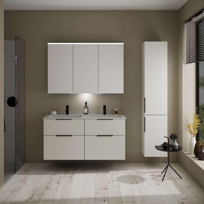 burgbad Eqio Waschtischkombination mit Mineralguss-Doppelwaschtisch, 122 cm, mit Griff G0200