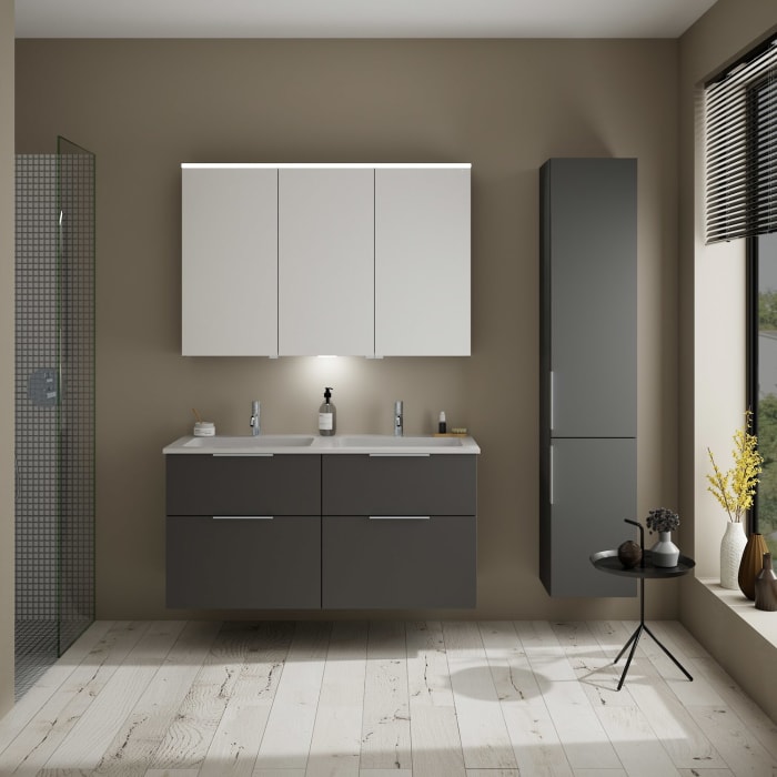 burgbad Eqio Waschtischkombination mit Mineralguss-Doppelwaschtisch, 122 cm, mit Griff G0146