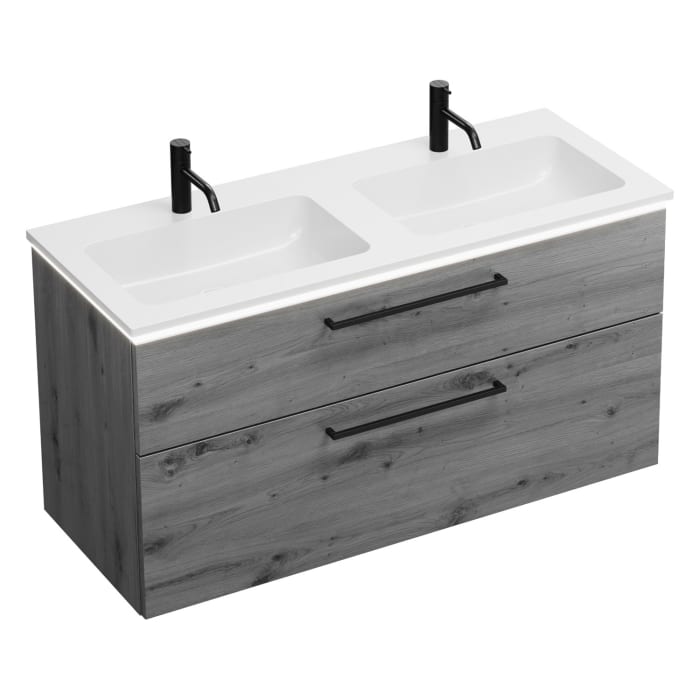 burgbad Eqio Waschtischkombination mit Mineralguss-Doppelwaschtisch und LED-Beleuchtung, 122 cm, mit Stangengriff G0234