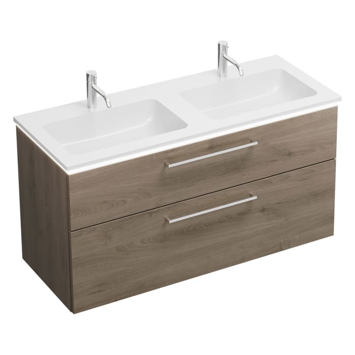 burgbad Eqio Waschtischkombination mit Mineralguss-Doppelwaschtisch und LED-Beleuchtung, 122 cm, mit Stangengriff P95