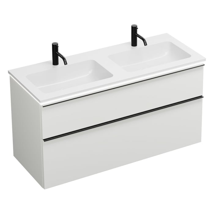 burgbad Eqio Waschtischkombination mit Mineralguss-Doppelwaschtisch und LED-Beleuchtung, 122 cm, mit Griffleiste G0252