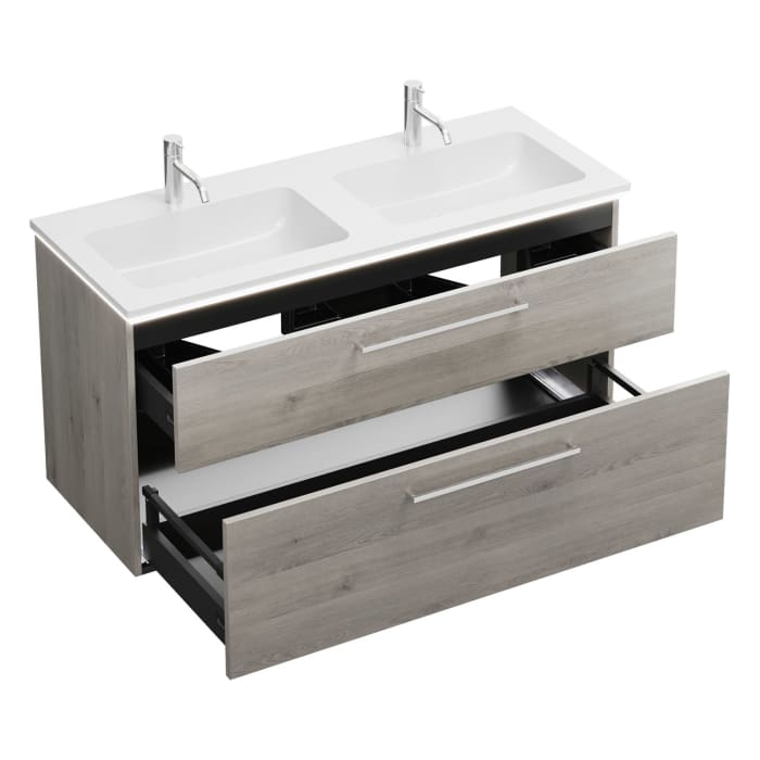 burgbad Eqio Waschtischkombination mit Mineralguss-Doppelwaschtisch und LED-Beleuchtung, 122 cm, mit Stangengriff P95