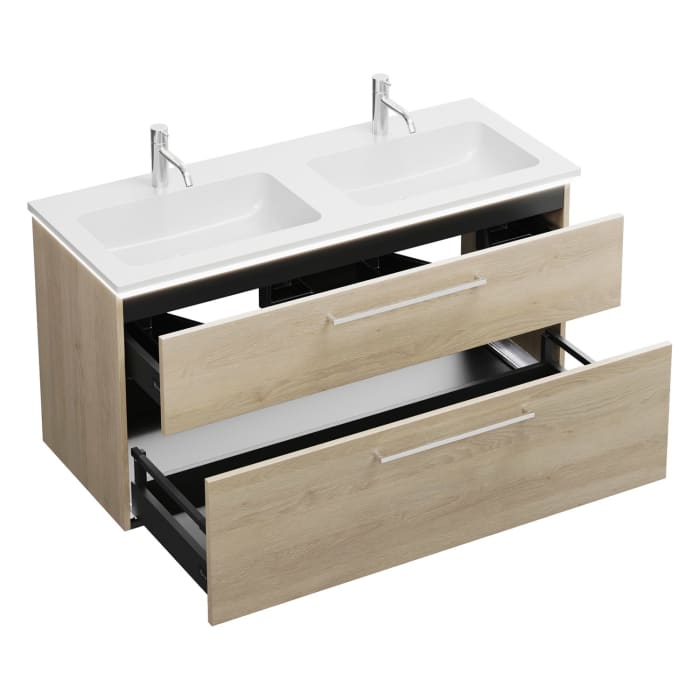 burgbad Eqio Waschtischkombination mit Mineralguss-Doppelwaschtisch und LED-Beleuchtung, 122 cm, mit Stangengriff P95