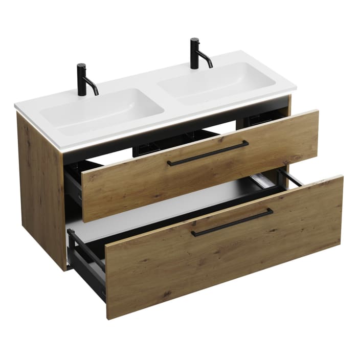 burgbad Eqio Waschtischkombination mit Mineralguss-Doppelwaschtisch und LED-Beleuchtung, 122 cm, mit Stangengriff G0234