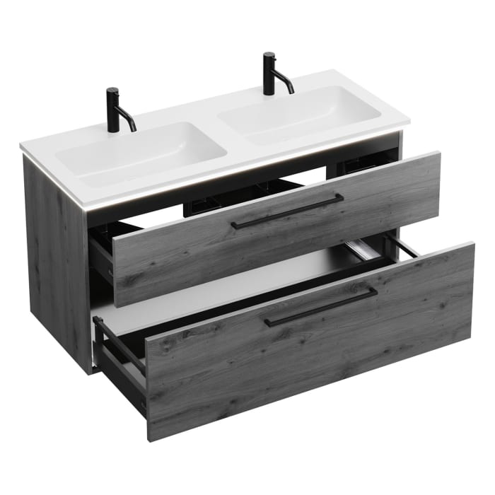 burgbad Eqio Waschtischkombination mit Mineralguss-Doppelwaschtisch und LED-Beleuchtung, 122 cm, mit Stangengriff G0234