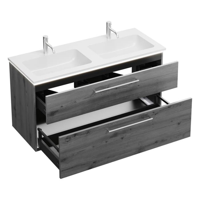 burgbad Eqio Waschtischkombination mit Mineralguss-Doppelwaschtisch und LED-Beleuchtung, 122 cm, mit Stangengriff P95