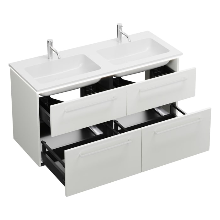 burgbad Eqio Waschtischkombination mit Mineralguss-Doppelwaschtisch und LED-Beleuchtung, 122 cm, mit Stangengriff P95