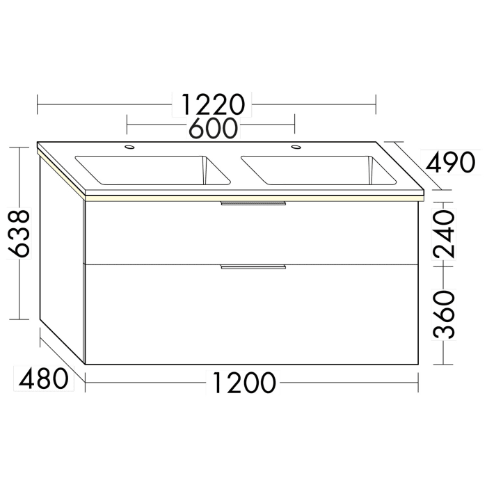 burgbad Eqio Waschtischkombination mit Mineralguss-Doppelwaschtisch und LED-Beleuchtung, 122 cm, mit Griff G0200