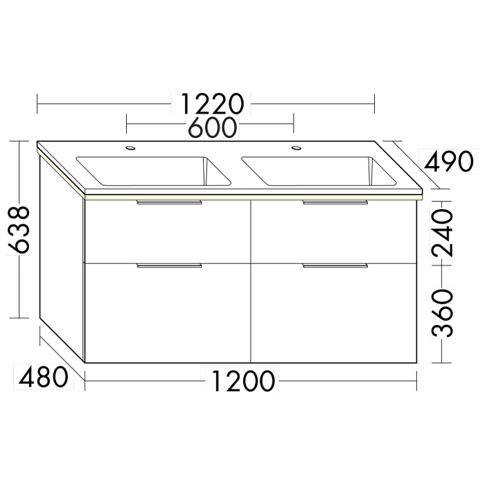 burgbad Eqio Waschtischkombination mit Mineralguss-Doppelwaschtisch und LED-Beleuchtung, 122 cm, mit Stangengriff P95