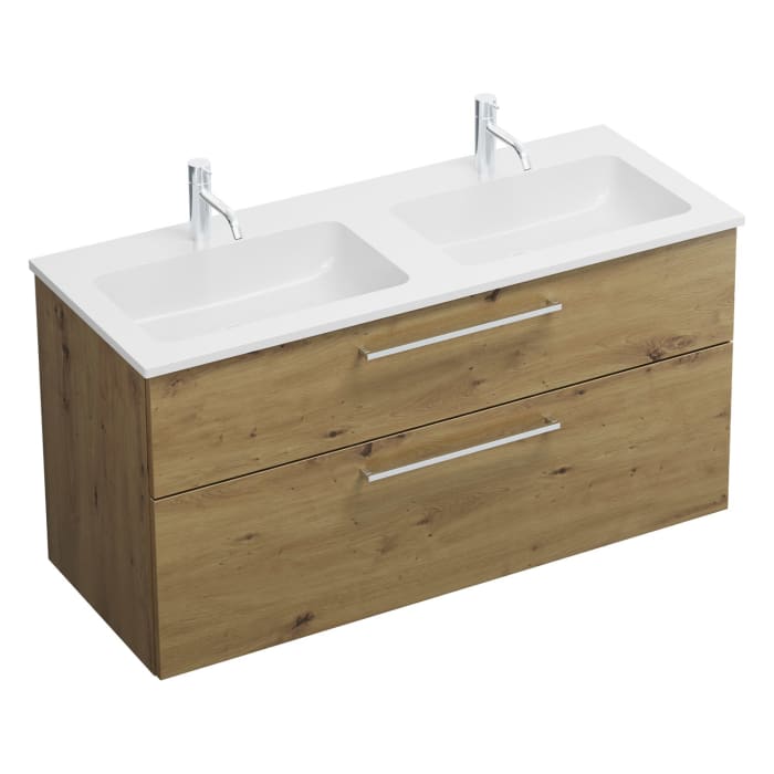 burgbad Eqio Waschtischkombination mit Mineralguss-Doppelwaschtisch, 122 cm, mit Stangengriff P95