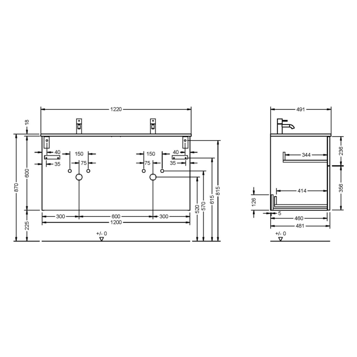burgbad Eqio Waschtischkombination mit Mineralguss-Doppelwaschtisch, 122 cm, mit Griffleiste G0252