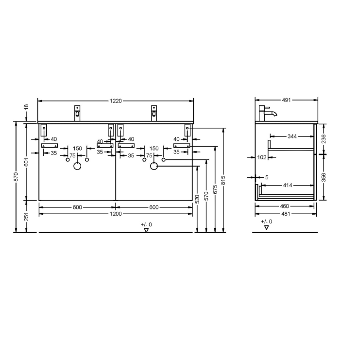 burgbad Eqio Waschtischkombination mit Mineralguss-Doppelwaschtisch, 122 cm, mit Stangengriff G0234