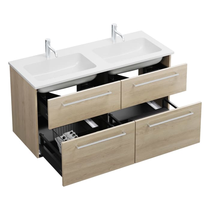 burgbad Eqio Waschtischkombination mit Mineralguss-Doppelwaschtisch, 122 cm, mit Stangengriff P95