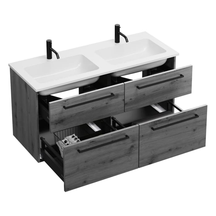 burgbad Eqio Waschtischkombination mit Mineralguss-Doppelwaschtisch, 122 cm, mit Stangengriff G0234