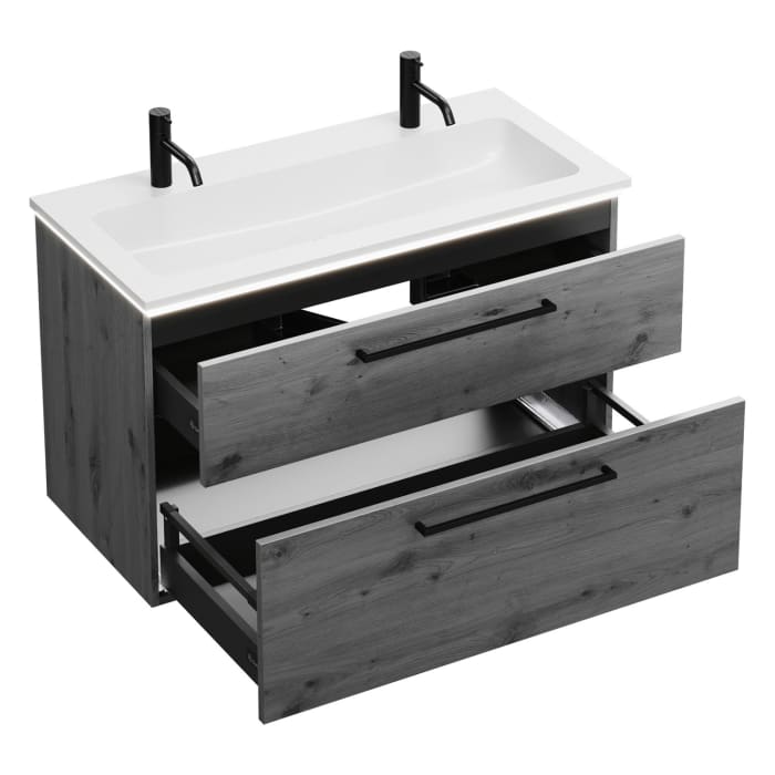 burgbad Eqio Waschtischkombination mit Mineralguss-Waschtisch und LED-Beleuchtung, 102 cm, mit Stangengriff G0234