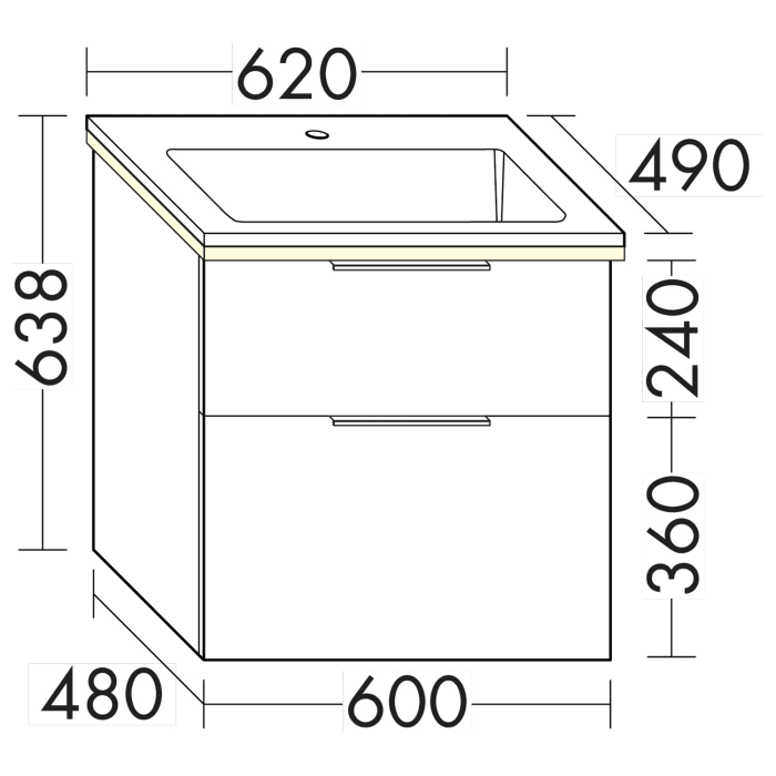 burgbad Eqio Waschtischkombination mit Mineralguss-Waschtisch und LED-Beleuchtung, 62 cm, mit Stangengriff P95