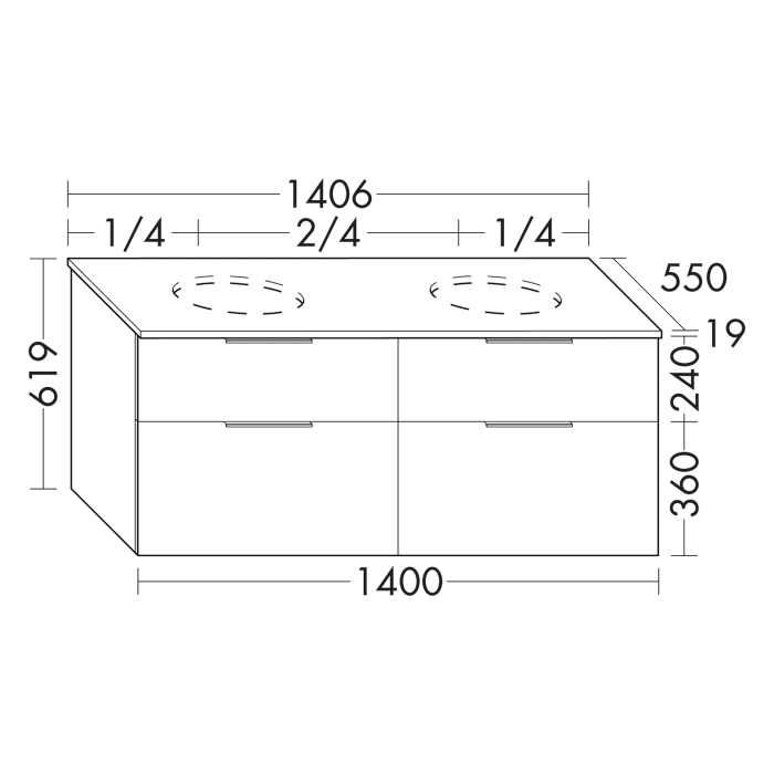 burgbad Eqio Waschtischunterschrank mit Konsolenplatte 140 cm, links und rechts, mit Stangengriff P95