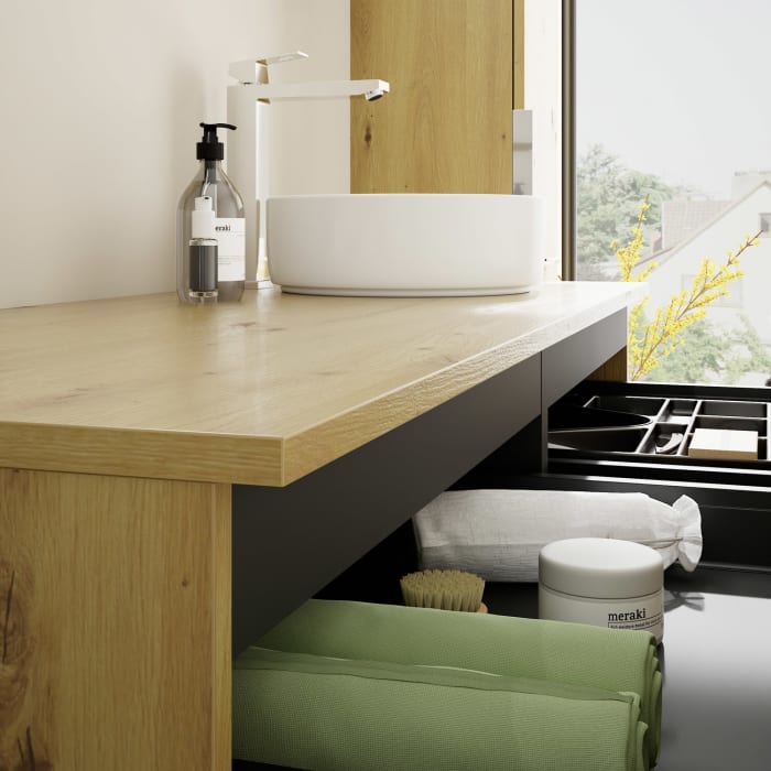 burgbad Eqio Waschtischunterschrank mit Konsolenplatte 140 cm, rechts, mit Griff G0146