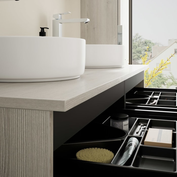 burgbad Eqio Waschtischunterschrank mit Konsolenplatte 140 cm, links und rechts, mit Griff G0146