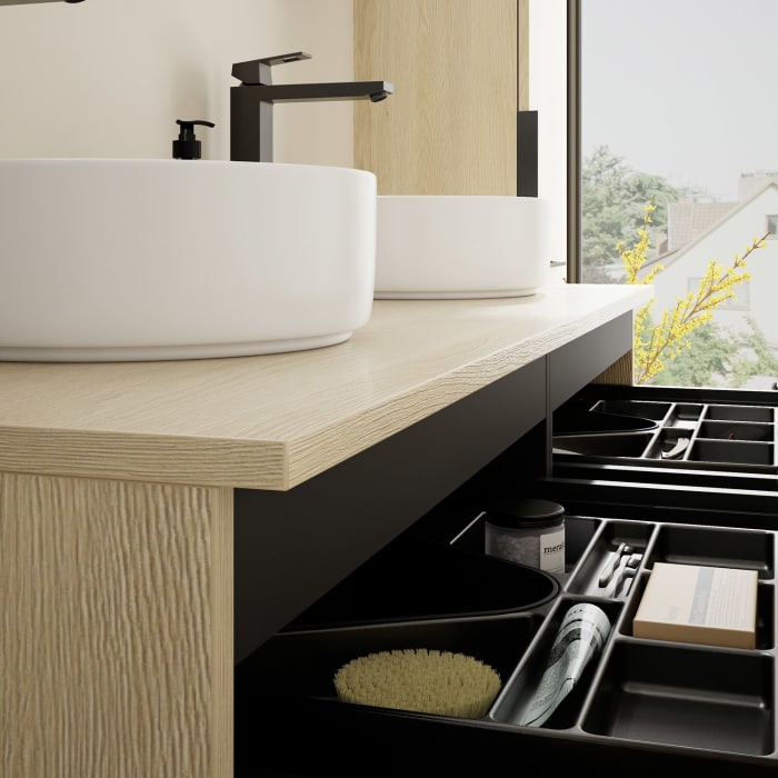 burgbad Eqio Waschtischunterschrank mit Konsolenplatte 140 cm, links und rechts, mit Griff G0200