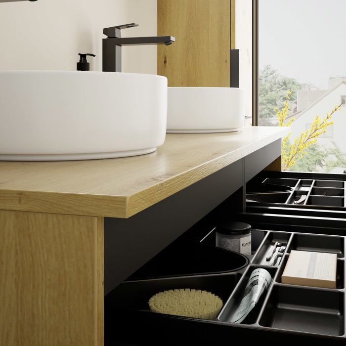 burgbad Eqio Waschtischunterschrank mit Konsolenplatte 140 cm, links und rechts, mit Griff G0200