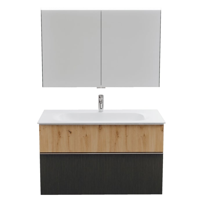 burgbad Fiumo 2.0 Badmöbelset 102 cm mit Waschtisch mit Unterschrank mit Griff G0146 und Spiegelschrank