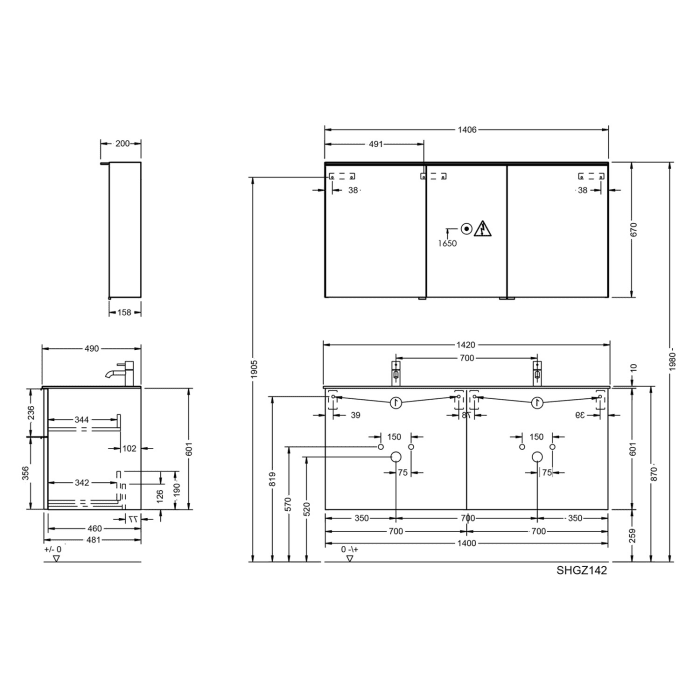 burgbad Fiumo 2.0 Badmöbelset 142 cm mit Waschtisch mit Unterschrank mit Griff G0146 und Spiegelschrank