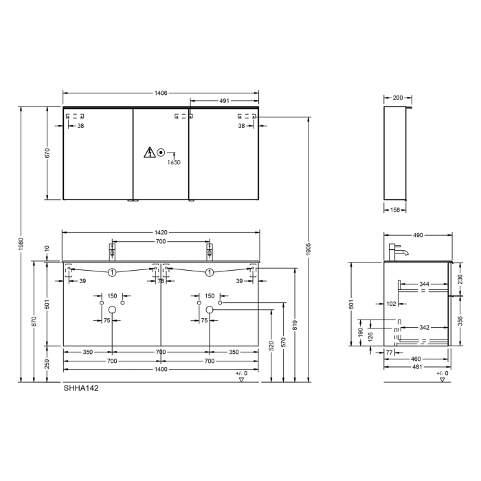 burgbad Fiumo 2.0 Badmöbelset 142 cm mit Waschtisch mit Unterschrank mit Griff G0200 und Spiegelschrank