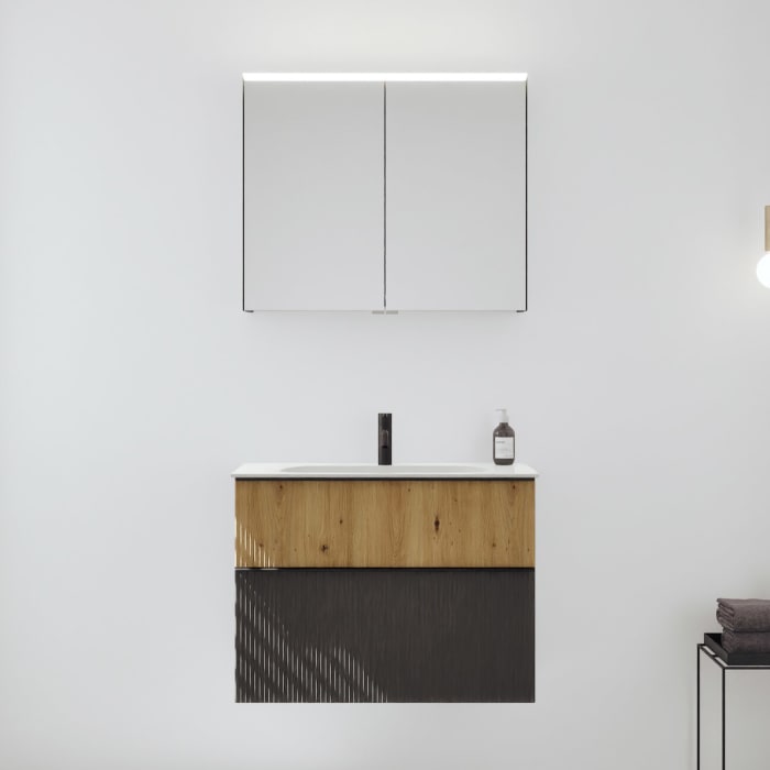 burgbad Fiumo 2.0 Badmöbelset 82 cm mit Waschtisch mit Unterschrank mit Griff G0200 und Spiegelschrank