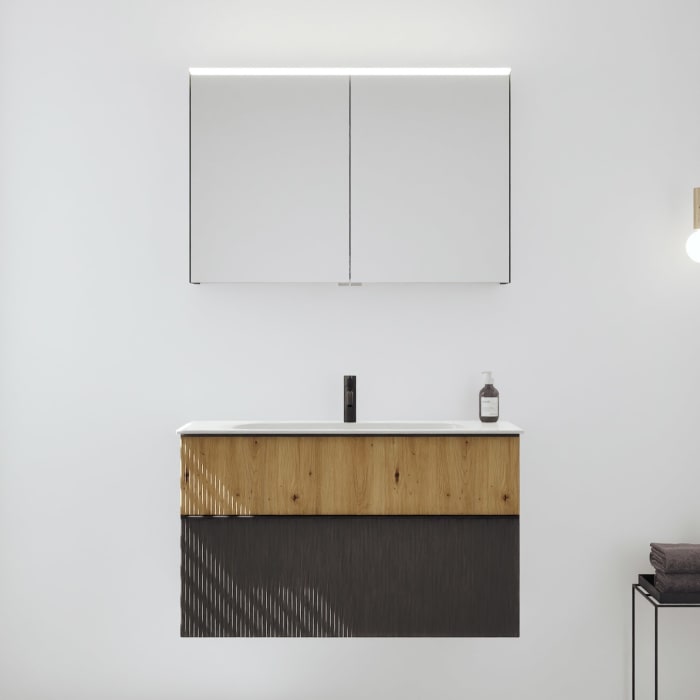 burgbad Fiumo 2.0 Badmöbelset 102 cm mit Waschtisch mit Unterschrank mit Griff G0200 und Spiegelschrank