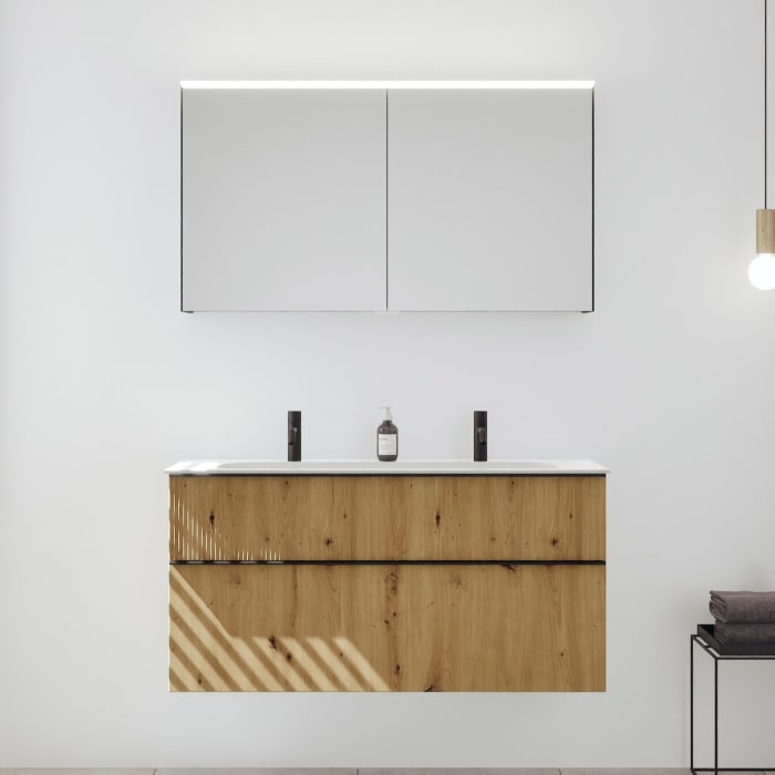 burgbad Fiumo 2.0 Badmöbelset 122 cm mit Waschtisch mit Unterschrank mit Griff G0200 und Spiegelschrank