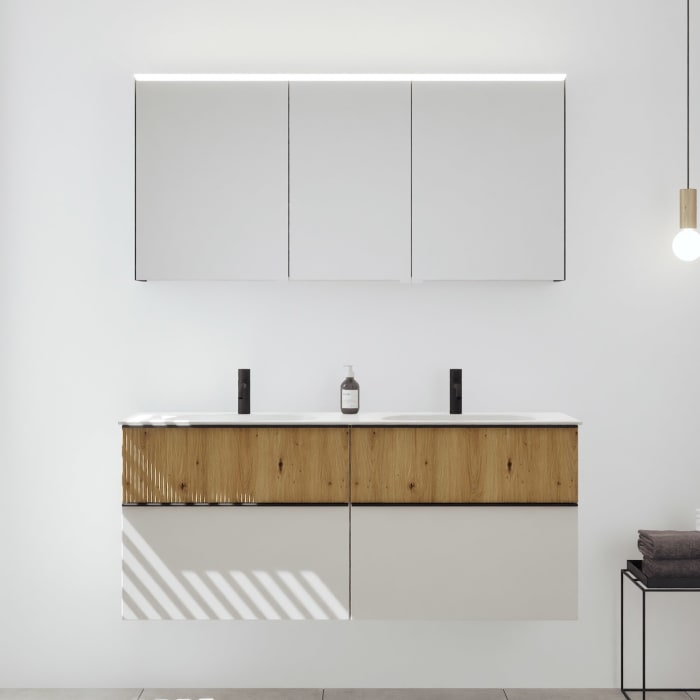 burgbad Fiumo 2.0 Badmöbelset 142 cm mit Waschtisch mit Unterschrank mit Griff G0200 und Spiegelschrank