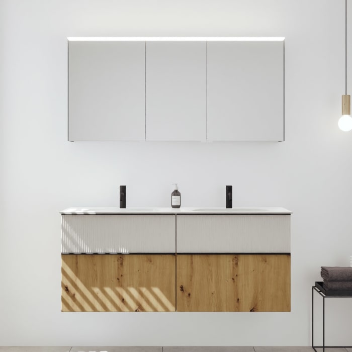 burgbad Fiumo 2.0 Badmöbelset 142 cm mit Waschtisch mit Unterschrank mit Griff G0200 und Spiegelschrank