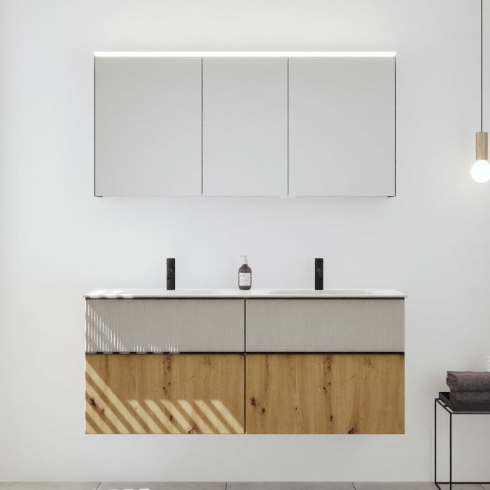 burgbad Fiumo 2.0 Badmöbelset 142 cm mit Waschtisch mit Unterschrank mit Griff G0200 und Spiegelschrank