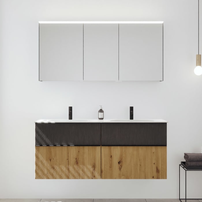 burgbad Fiumo 2.0 Badmöbelset 142 cm mit Waschtisch mit Unterschrank mit Griff G0200 und Spiegelschrank