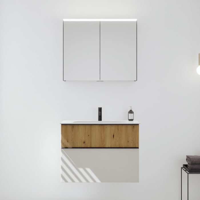 burgbad Fiumo 2.0 Badmöbelset 82 cm mit Waschtisch mit Unterschrank mit Griff G0200 und Spiegelschrank