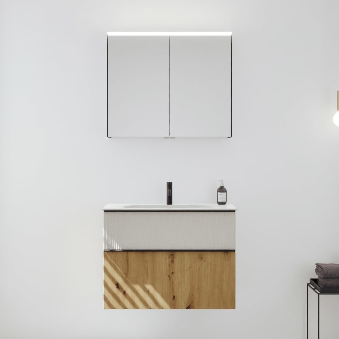 burgbad Fiumo 2.0 Badmöbelset 82 cm mit Waschtisch mit Unterschrank mit Griff G0200 und Spiegelschrank