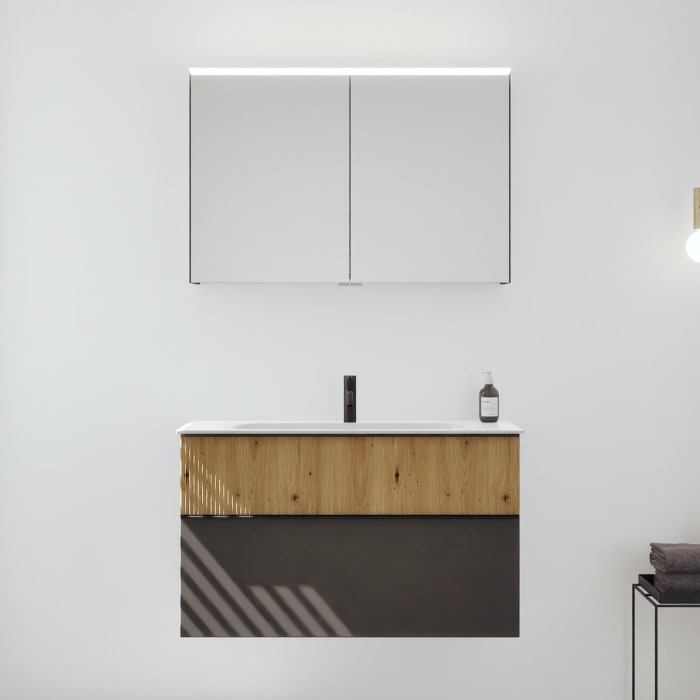 burgbad Fiumo 2.0 Badmöbelset 102 cm mit Waschtisch mit Unterschrank mit Griff G0200 und Spiegelschrank