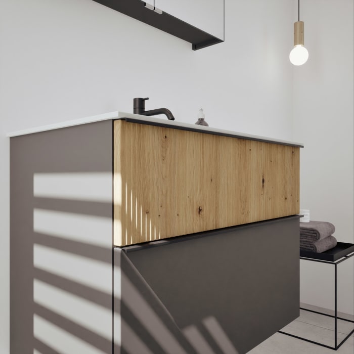 burgbad Fiumo 2.0 Badmöbelset 82 cm mit Waschtisch mit Unterschrank mit Griff G0200 und Spiegelschrank